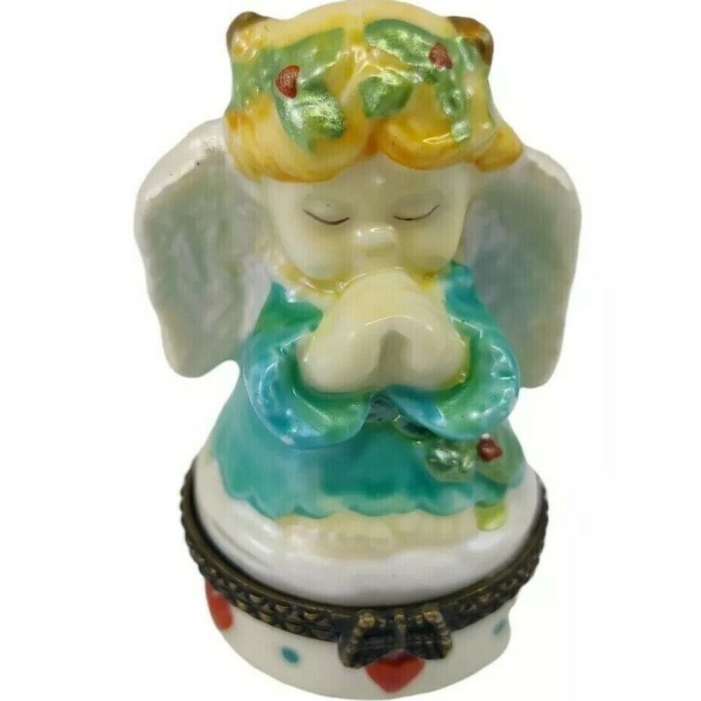 Praying Angel Trinket Ring Box Hinged 2 5/8" Teal Robe Red Hearts Christmas